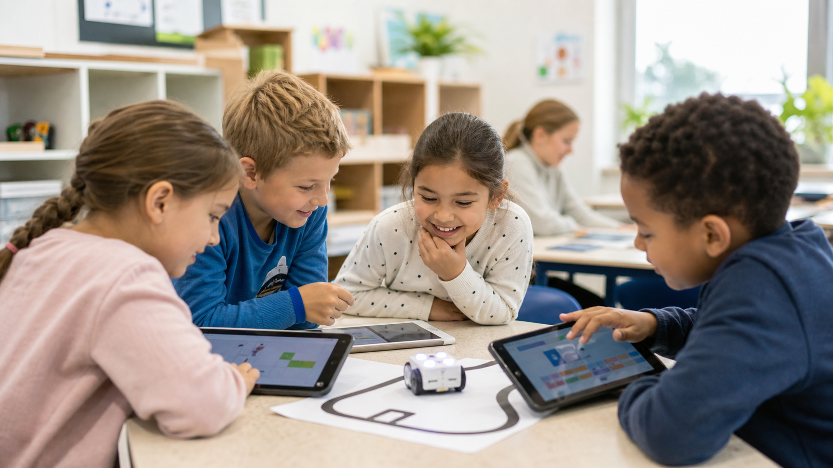 Kinder arbeiten gemeinsam mit Tablets und einem Lernroboter