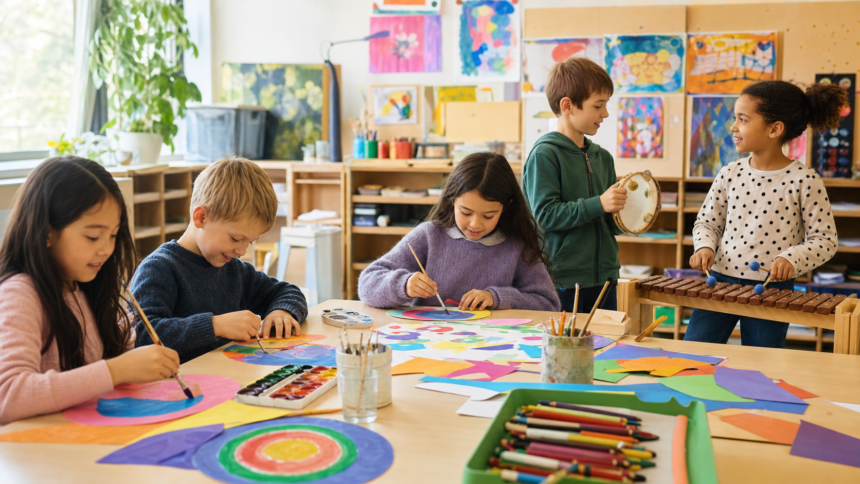 Kinder malen und musizieren gemeinsam