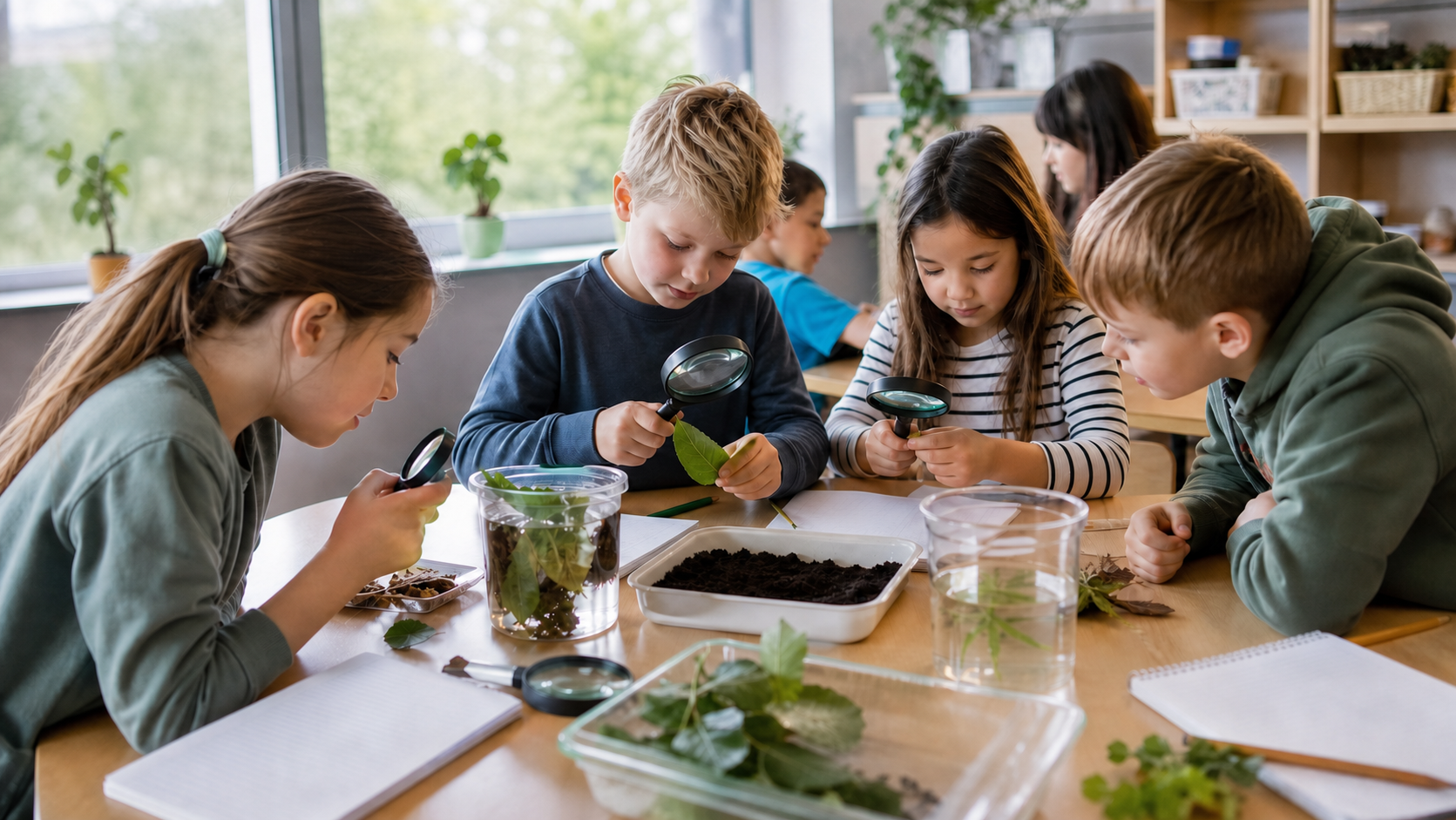 Kinder untersuchen Blätter und Erde mit Lupen